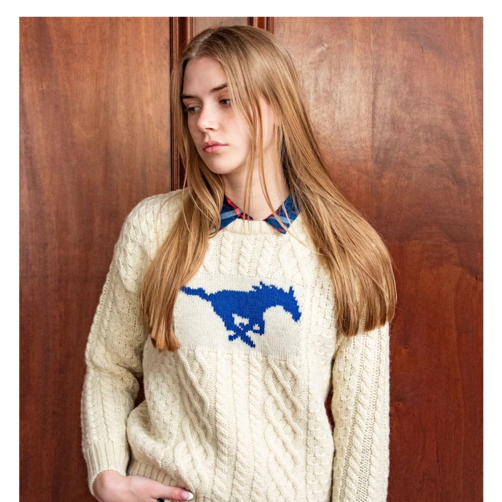 Chic Cream Sweater with Blue Horse Design